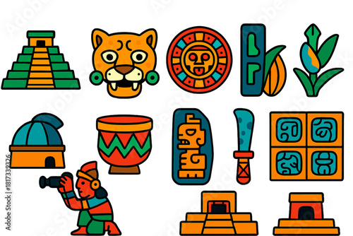 Mayan Civilization Icons. Flat vector icons of Mayan civilization: step pyramid, jaguar mask, calendar wheel, cacao pod,