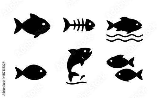 Silhouette fish icons: marine symbols and aquatic life illustrations