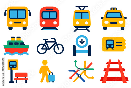 Modern Transport Icons. Flat vector icons of public transport: bus, metro train, tram, taxi, ferry, bicycle, subway entrance,