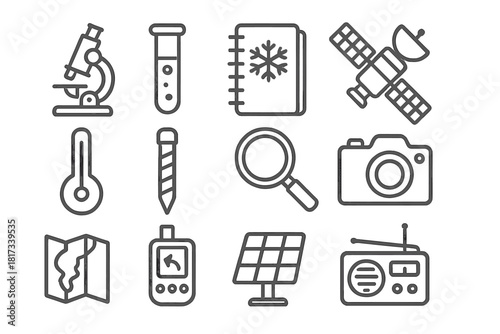 Polar Research Icons. Line style icons of Polar Research: Microscope, Test Tube, Notebook, Satellite; Thermometer, Ice Core,