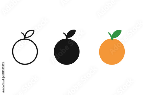 Minimalist Orange Icons. Minimalist orange fruit icon: three identical round oranges with a small leaf on top in a row, first in