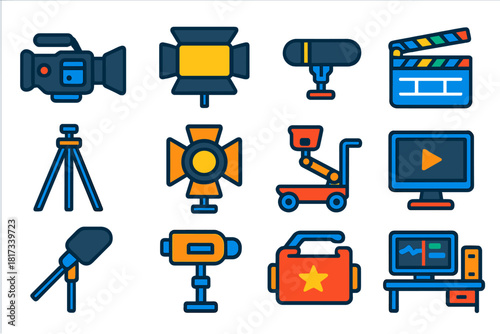 Film Production Icons. Flat vector icons of film production tools: camera, lighting kit, microphone, clapboard, tripod, gaffer