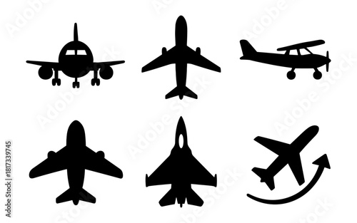 Collection of airplane silhouettes featuring jet, passenger, and biplane designs