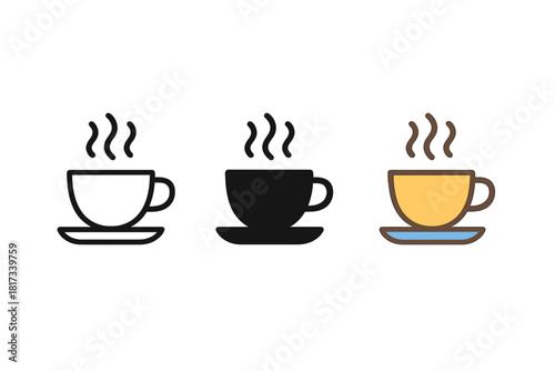 Minimalist Teacup Trio. Minimalist tea cup icon: three identical small teacups with saucers and steam above in a row, first in