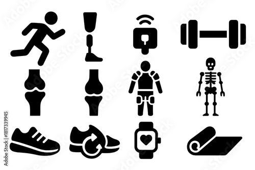 Biomechanical Engineering Icons. Solid style icons of Biomechanical Engineering: running figure, prosthetic leg, motion tracker,