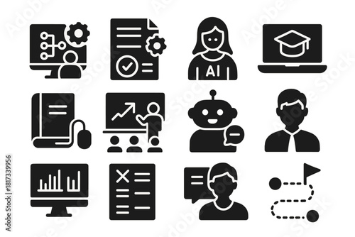 Digital Learning Icons. Solid style icons of Digital Learning AI: adaptive learning module, automated assessment, virtual tutor,
