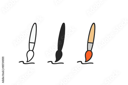 Minimalist Paintbrush Styles. Minimalist painting hobby icon: three identical paintbrushes with small strokes in a row, first in