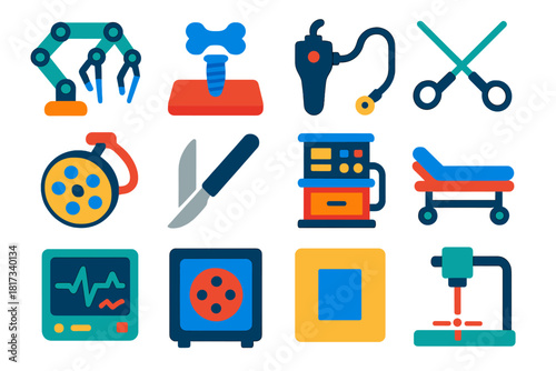 Surgical Technology Icons. Flat vector icons of surgical technology: robotic surgical arm, 3D printed implant, endoscope,
