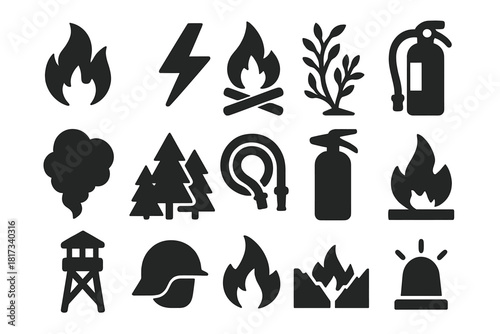 Fire Safety Icons. Solid style icons of Fire Safety and Control: fire flame, lightning bolt, campfire, dry vegetation, smoke plume