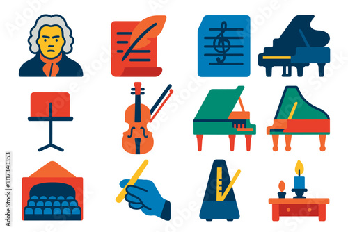 Classical Composer Icons. Flat vector icons of classical composers: composer bust, quill and manuscript, grand piano, orchestral
