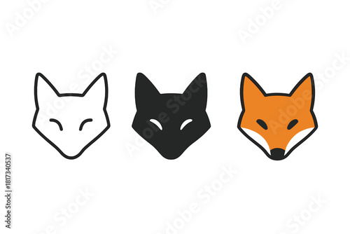 Minimalist Fox Icons. Minimalist fox animal icon: three identical fox heads with pointed ears in a row, first in line style with