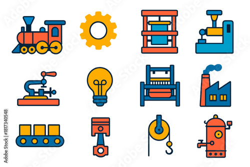 Technological History Icons. Flat vector icons of technological history: steam locomotive, mechanical gear, printing press,