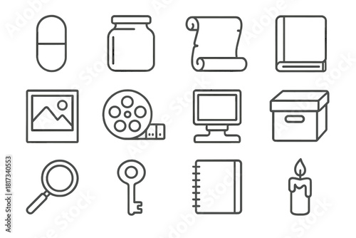 Memory Preservation Icons. Line style icons of Memory Preservation: Time Capsule, Jar, Scroll, Book; Photograph, Film Reel,