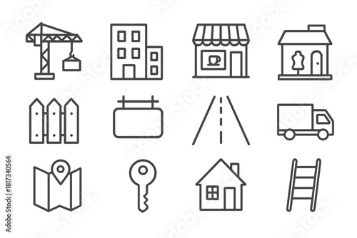 Gentrification Line Icons. Line style icons of Gentrification: Construction Crane, Apartment, Coffee Shop, Boutique; Fence,