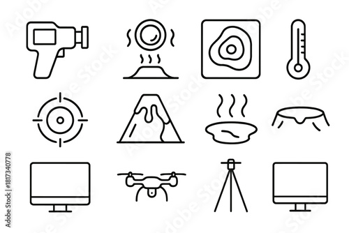 Thermal Monitoring Icons. Line style icons of Thermal Monitoring: Thermal Camera, Infrared Lens, Heat Map, Temperature Sensor; Hot