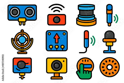 Robotic Sensor Icons. Flat vector icons of robotic sensors: ultrasonic sensor, infrared sensor, lidar scanner, gyroscope,