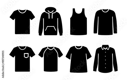 Silhouette icons of various men's apparel styles in black and white