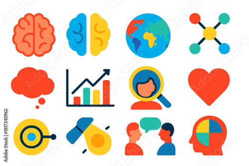 Cognitive Icon Set. Flat vector icons of cross-cultural cognition visualization: brain diagram, hemispheres, cultural map, neural