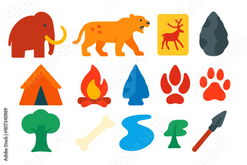 Prehistoric Icon Set. Flat vector icons of prehistoric life: mammoth, saber-toothed cat, cave painting, stone tool, primitive hut,