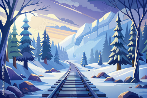 Snow-covered train tracks disappearing into the misty winter forest, cold season calm landscape with misty trees, calm atmospheric nature scene, calm desert mood and calm outdoor snowy environment.