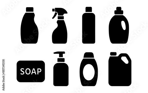 Black silhouette set of cleaning and detergent bottles on white background