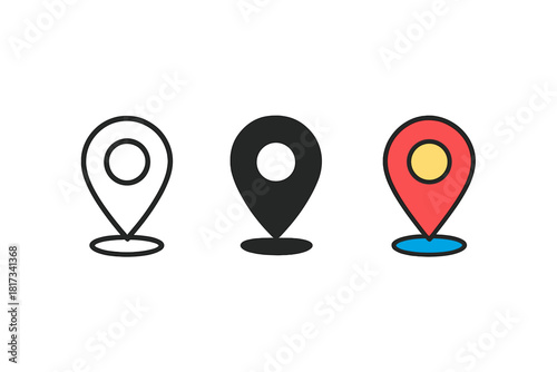 Stylish Map Pins. Minimalist location pin navigation icon: three identical map pins with circular centers in a row, first in line