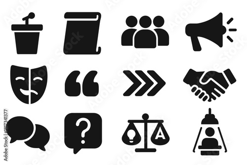 Rhetoric Symbol Icons. Solid style icons of rhetoric and persuasion: speech podium, open scroll, audience crowd, megaphone, debate