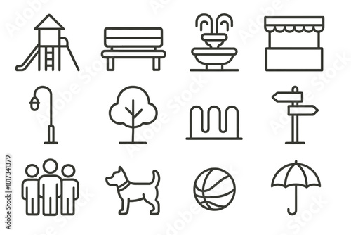Community Space Icons. Line style icons of Community Spaces: Playground, Park Bench, Fountain, Market Stall; Streetlight, Tree,