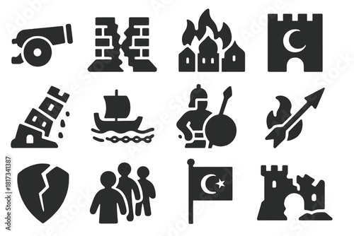 Fall of Constantinople Icons. Solid style icons of fall of Constantinople: cannon, breached wall, burning city, crescent over gate