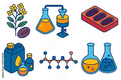 Oleochemistry Process Icons. Isometric vector illustration set Oleochemistry: oilseed plants, triglyceride extraction process,