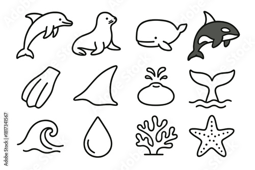 Marine Mammal Icons. Line style icons of Marine Mammals: Dolphin, Seal, Whale, Orca; Flipper, Fin, Blowhole, Tail; Wave, Water