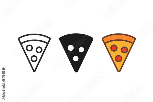 Minimalist Pizza Icons. Minimalist pizza slice fast food icon: three identical triangular pizza slices with toppings in a row,