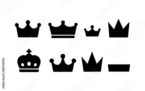 Collection of crown silhouettes in minimalist black design on white background