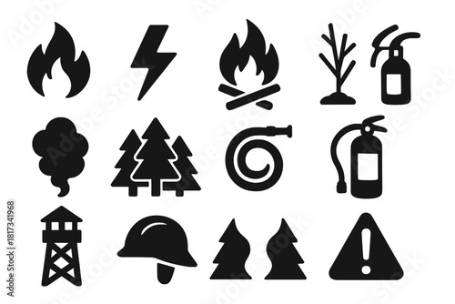Fire Safety Icons. Solid style icons of Fire Safety and Control: fire flame, lightning bolt, campfire, dry vegetation, smoke plume