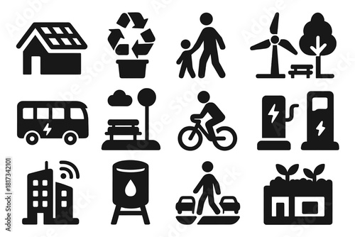 Sustainable Urban Icons. Solid style icons of Sustainable Urban Design: solar panel roof, recycling system, pedestrian zone, wind