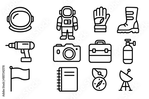 Astronaut Tools Icons. Line style icons of Astronaut Tools: Helmet, Space Suit, Glove, Boot; Drill, Camera, Tool Kit, Oxygen Tank;