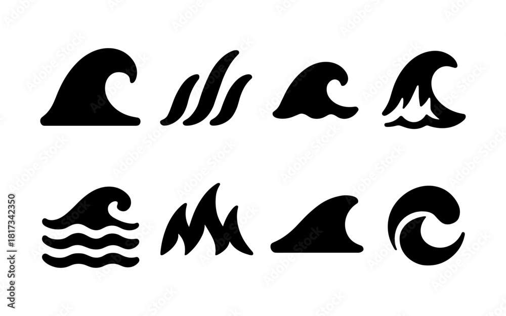 Obraz premium Collection of minimalist wave icons in black silhouette style for design projects