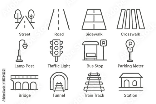 Urban Infrastructure Icons. Line style icons of Urban Infrastructure: Street, Road, Sidewalk, Crosswalk; Lamp Post, Traffic Light,
