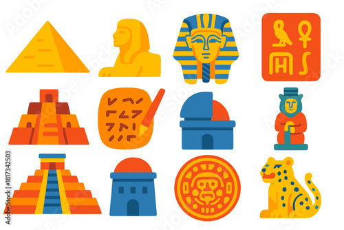 Ancient Civilization Icons. Flat vector icons of ancient civilizations: Egyptian pyramid, sphinx, pharaoh mask, hieroglyph tablet,
