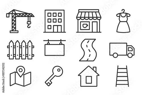Gentrification Line Icons. Line style icons of Gentrification: Construction Crane, Apartment, Coffee Shop, Boutique; Fence,
