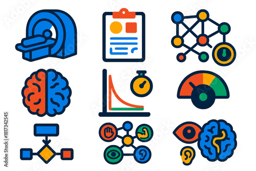 Cognitive Neuroscience Icons. Flat vector icons of cognitive neuroscience: fMRI scan, cognitive test, neural network, brain
