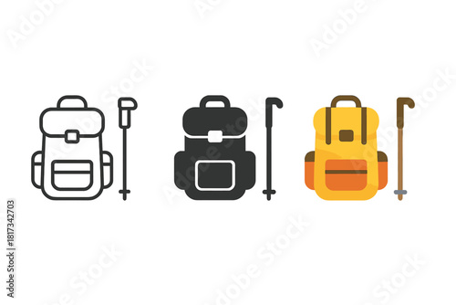 Minimalist Hiking Icon. Minimalist hiking hobby icon: three identical backpacks with walking sticks in a row, first in line style