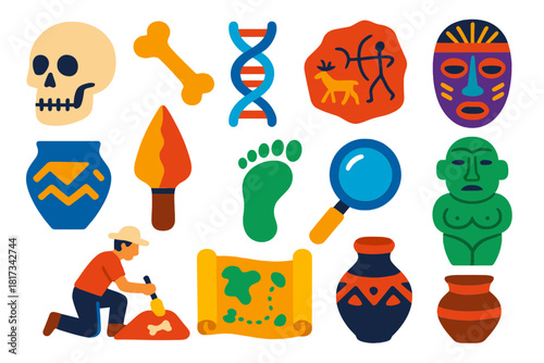 Anthropology Icon Set. Flat vector icons of anthropology: human skull, fossil bone, DNA strand, cave painting, pottery shard,