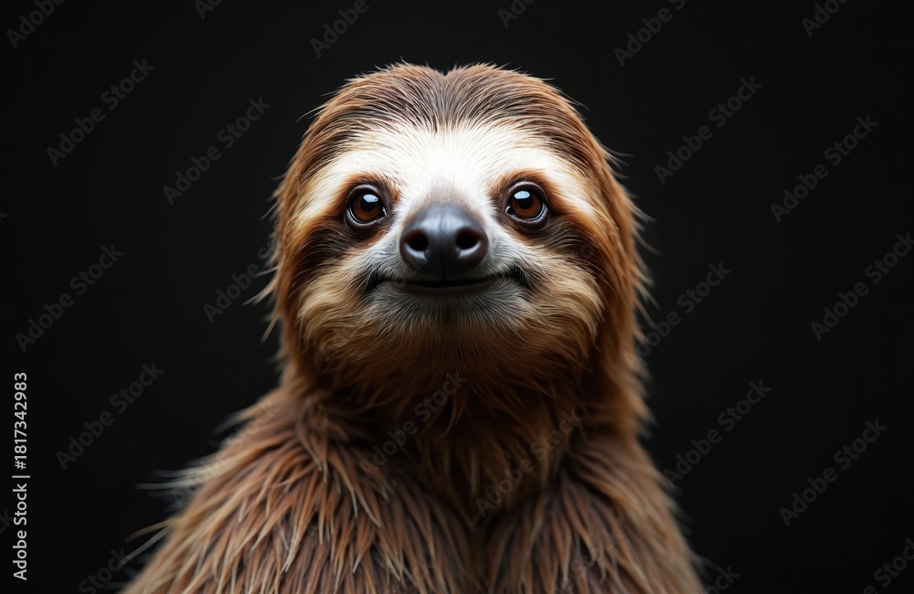 Fototapeta premium Three-toed sloth closeup portrait. Animal with brown fur and white face stripe, dark eyes, black nose, smiling expression. Isolated on plain black background. Wildlife, nature, conservation theme.