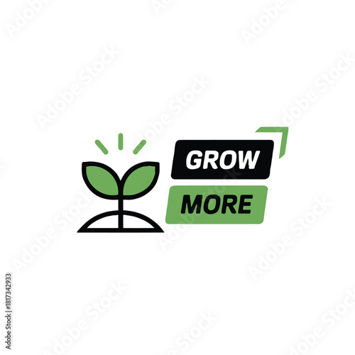 Illustration of a seedling with the words grow more in black and green on a white background