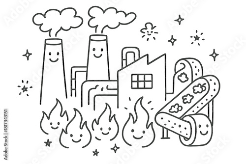Whimsical Energy Plant. Whimsical doodle waste-to-energy plant with smiling smokestacks, cartoon flames dancing, cheerful conveyor