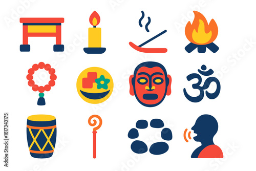 Vibrant Ritual Icons. Flat vector icons of rituals: altar, candle, incense stick, ceremonial fire, prayer beads, offering plate,