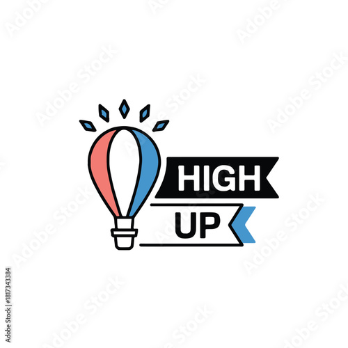 Illustration of a hot air balloon with high up text banner on a white background design element