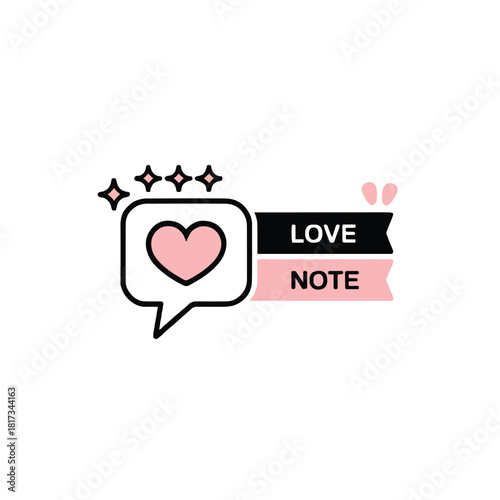 Illustration of love note with heart in speech bubble and stars on a white background design