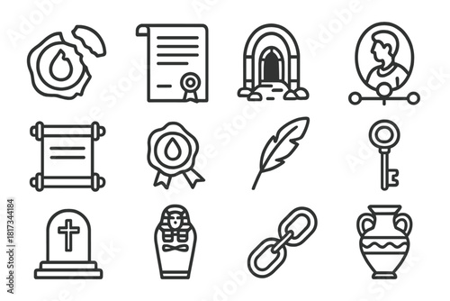 Archaeological Icon Set. Line style icons of Archaeological Mystery: Broken Seal, Imperial Document, Tomb, Forgotten Lineage;